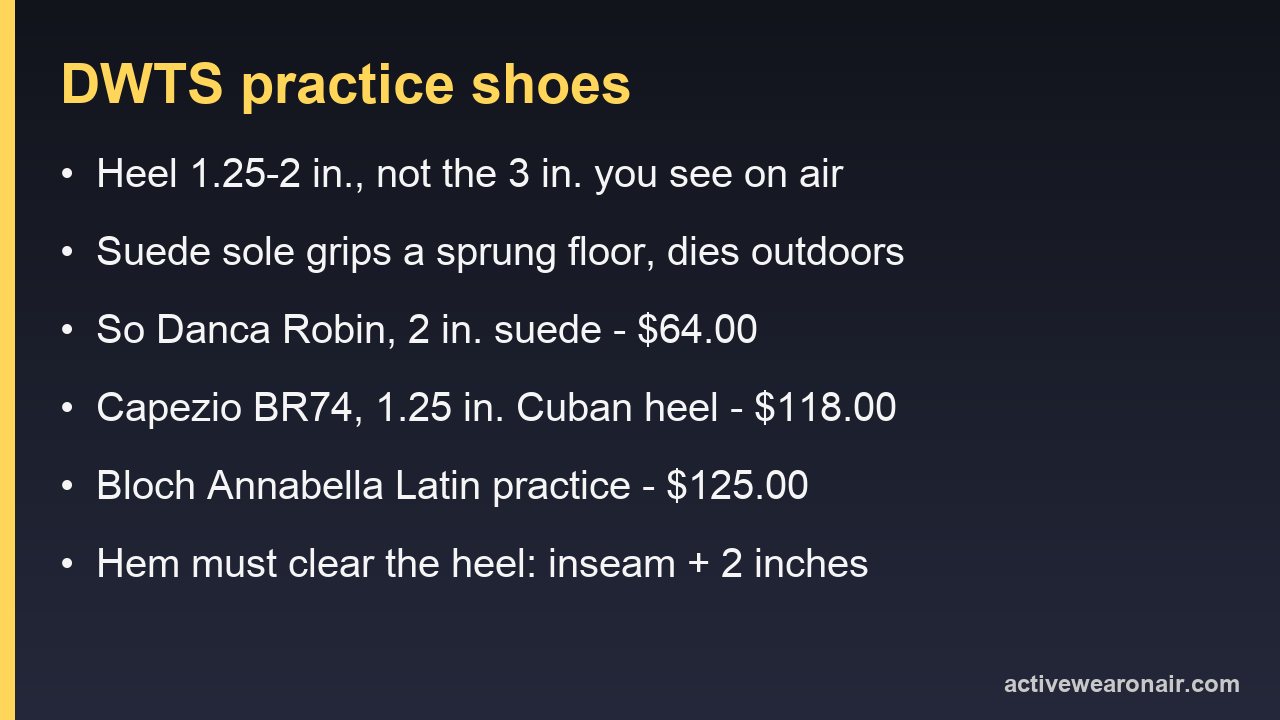 Card listing practice-shoe heel heights, suede sole care, three checked prices and the hem rule