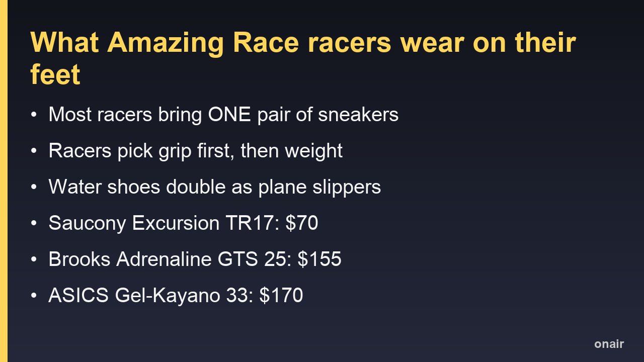 What Amazing Race racers wear on their feet: one pair of grippy sneakers, water shoes, three shoes at three prices
