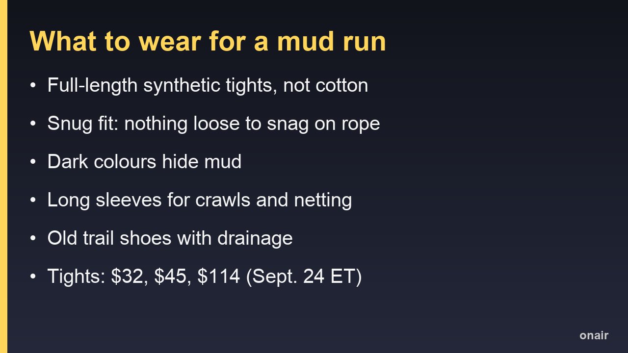 Card listing six mud run clothing rules: synthetic tights, snug fit, dark colors, long sleeves, draining shoes, three tights at 32, 45 and 114 dollars