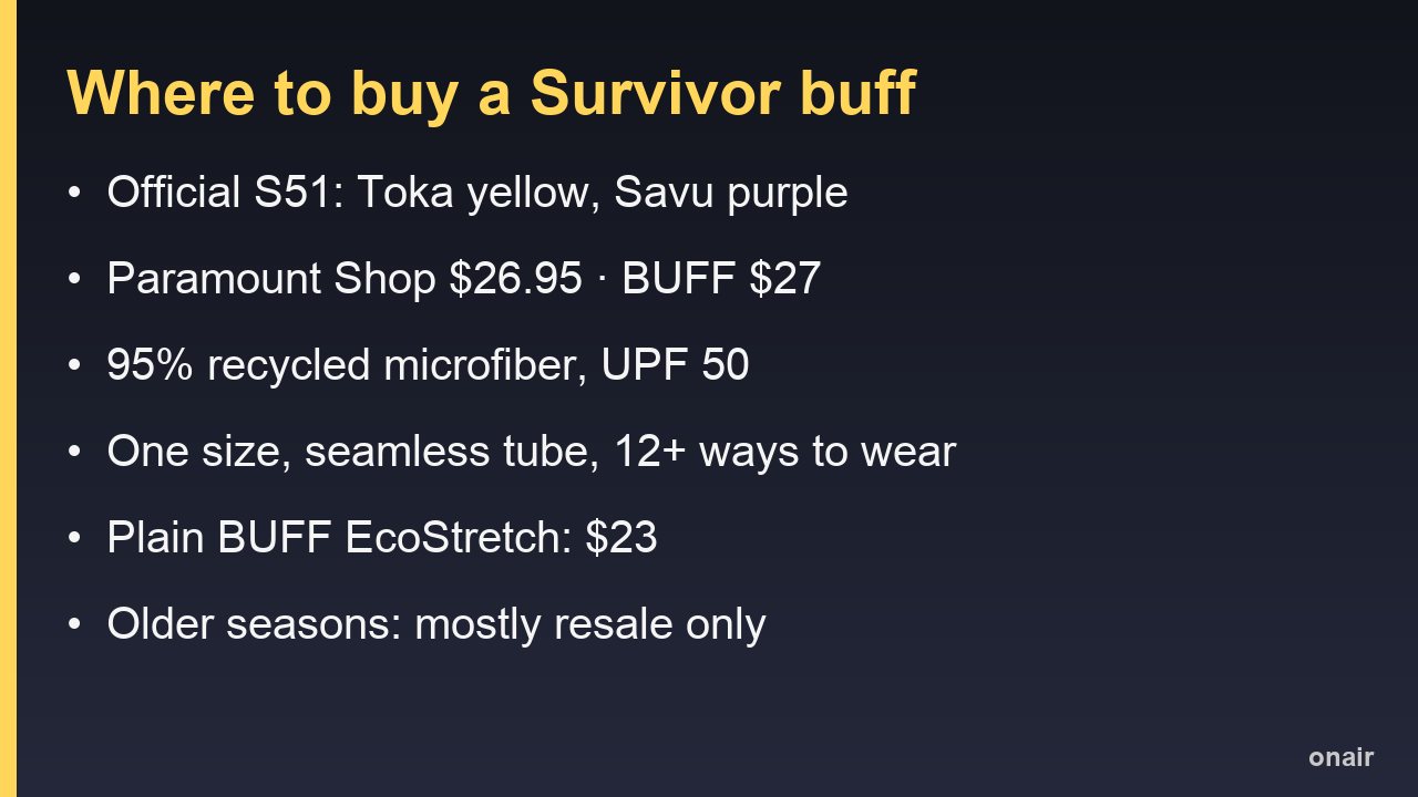 Where to buy a Survivor buff: official Survivor 51 Toka and Savu buffs, price and fit